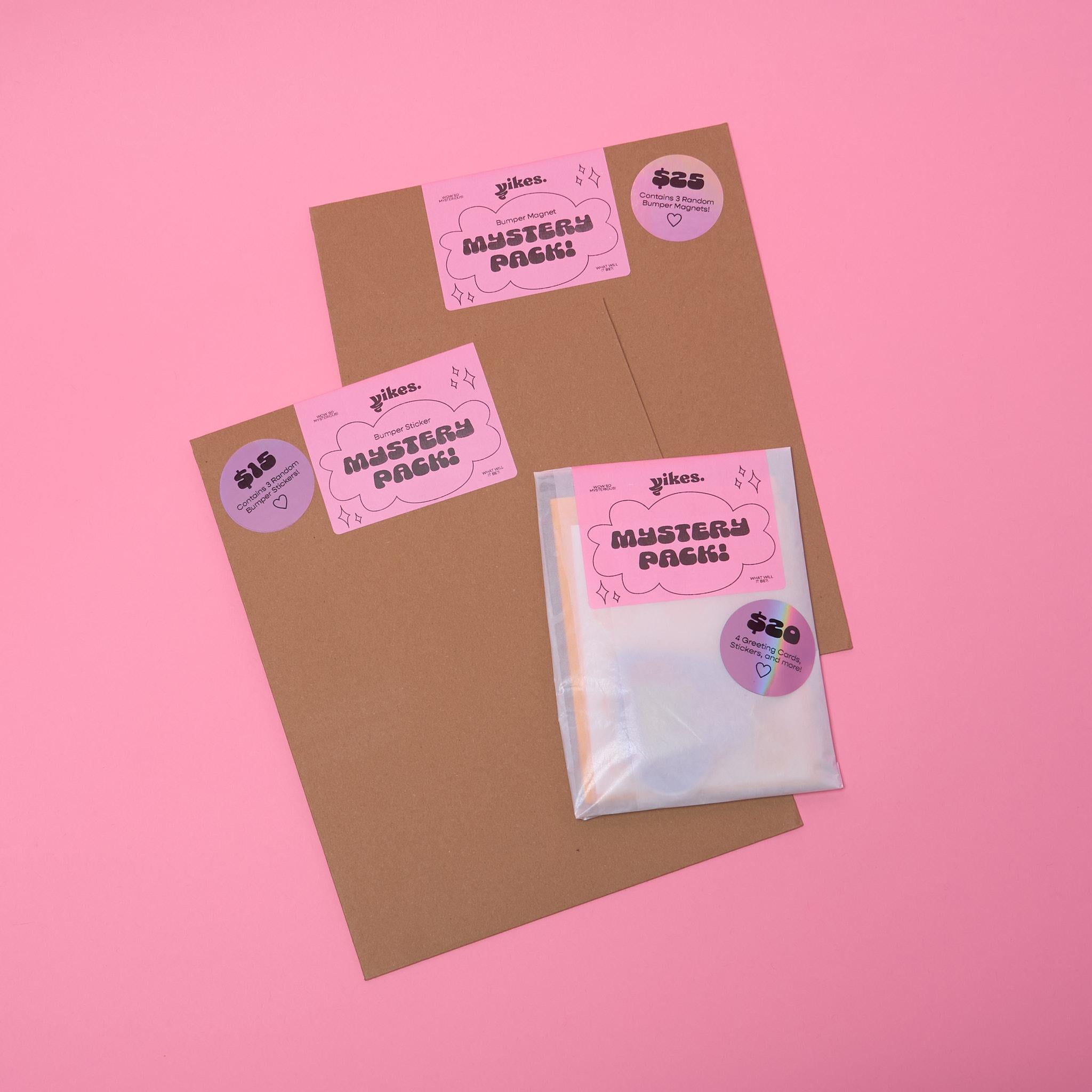 Yikes Mystery Packs — Cards, Stickers, Bumper Stickers, and Bumper Magnets