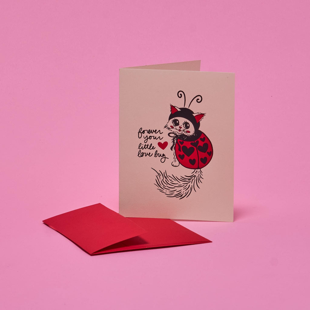 Forever Your Little Love Bug Valentine Cute Ladybug Cat Blank Handmade Greeting Card A2