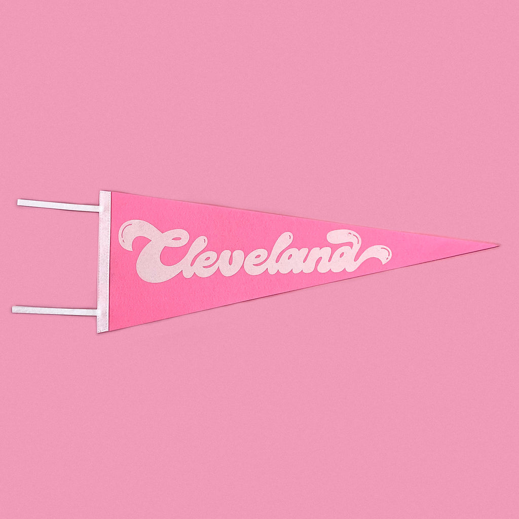Cleveland Script Screenprinted Pennant — Retro Felt Pennant Pink, Black, or Orange