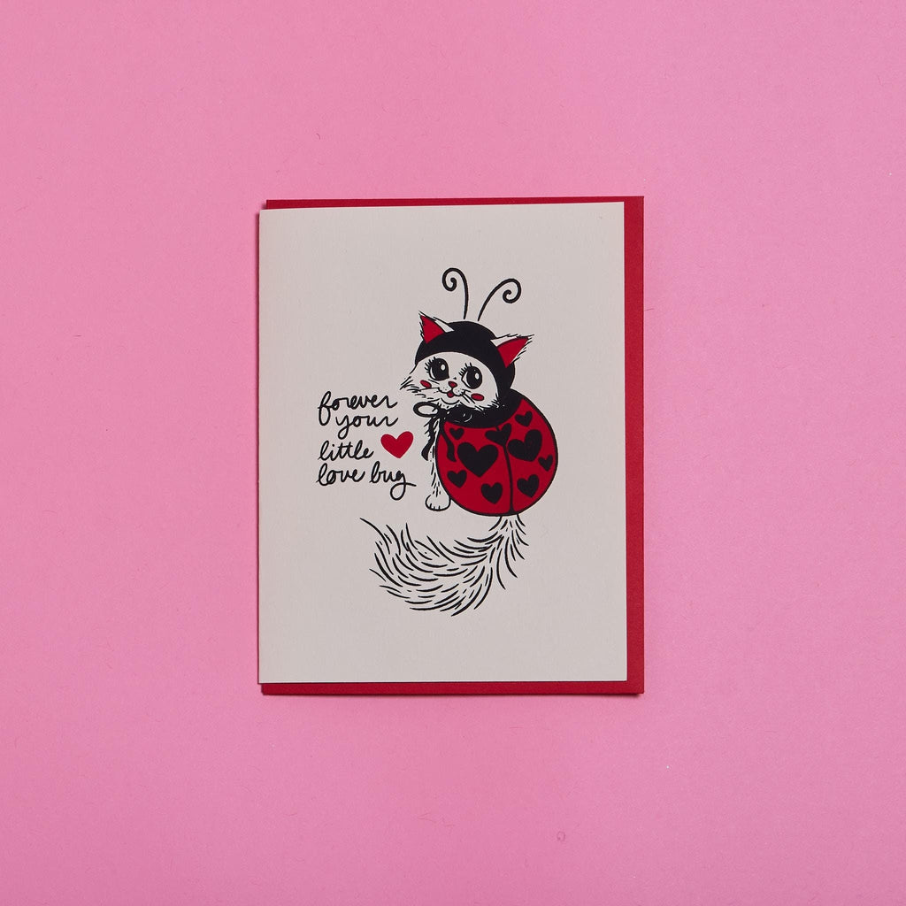 Forever Your Little Love Bug Valentine Cute Ladybug Cat Blank Handmade Greeting Card A2