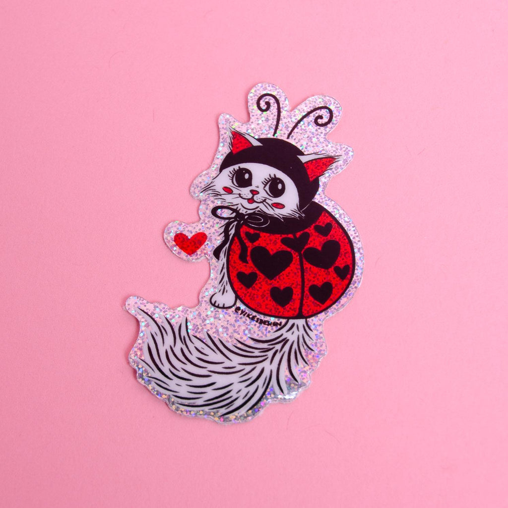 Love Bug Cute Cat Glitter Vinyl Sticker