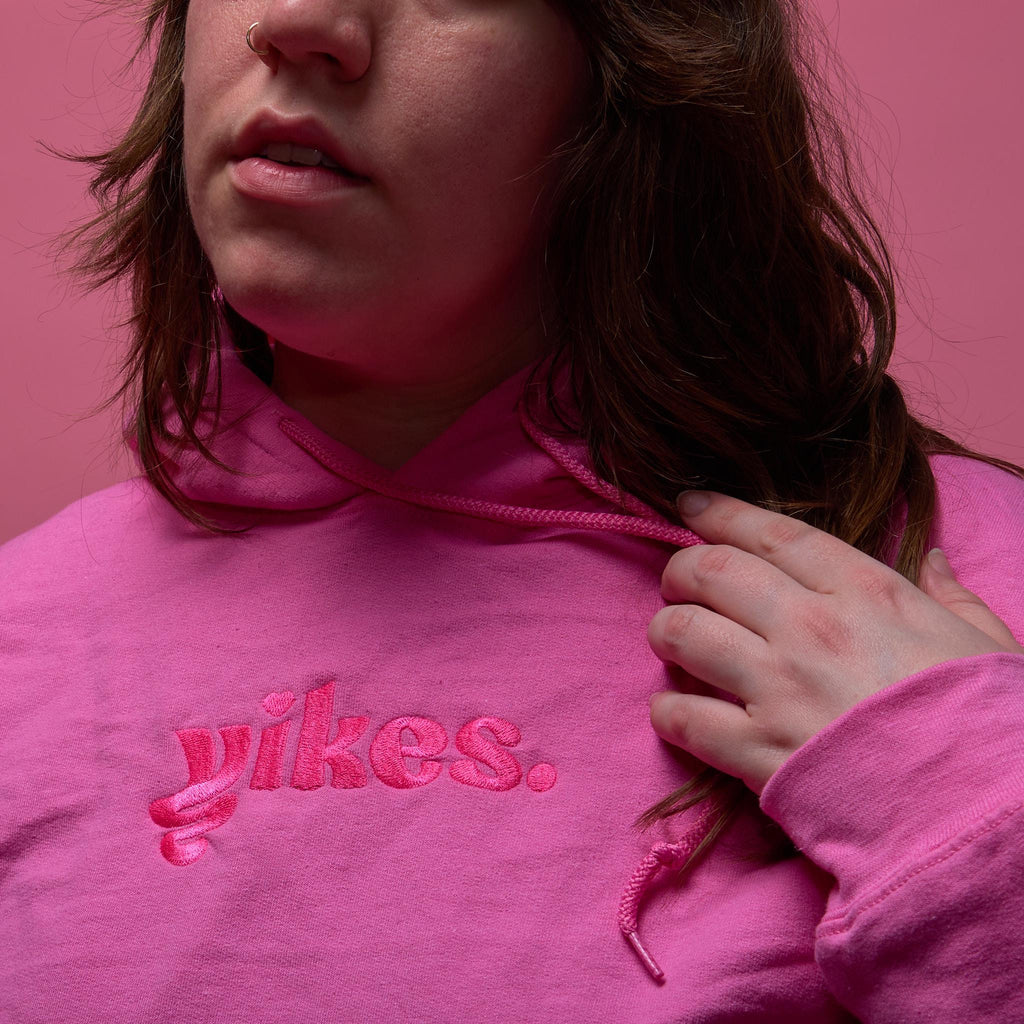 Yikes Logo Embroidered Hoodie – Pink on Pink