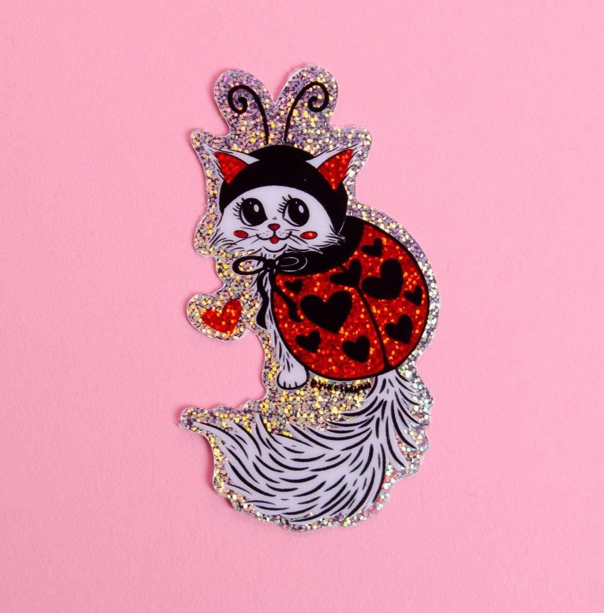 Love Bug Cute Cat Glitter Vinyl Sticker