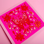 Fluorescent Pink Screen-Printed Butterfly Art Print — 10" x 10"