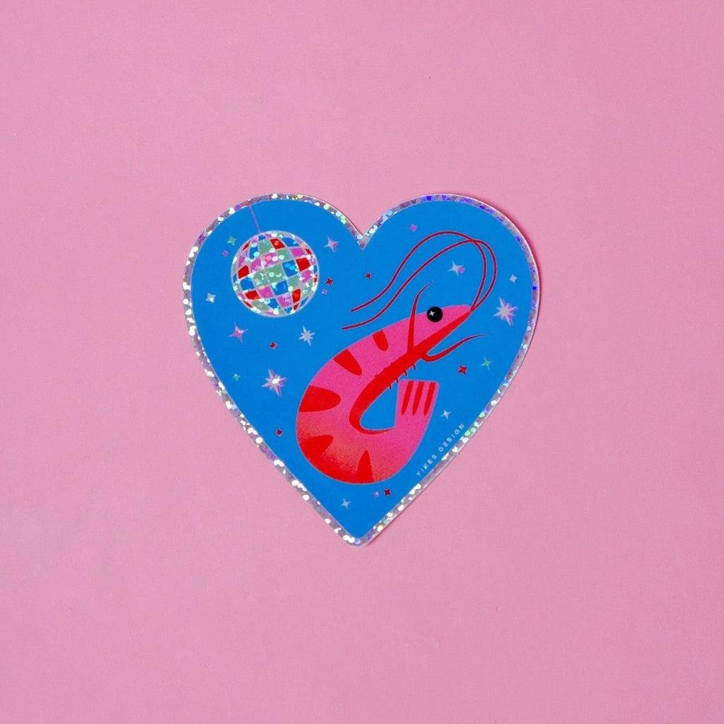 Shrimp Disco Heart-Shaped Glitter Vinyl Sticker