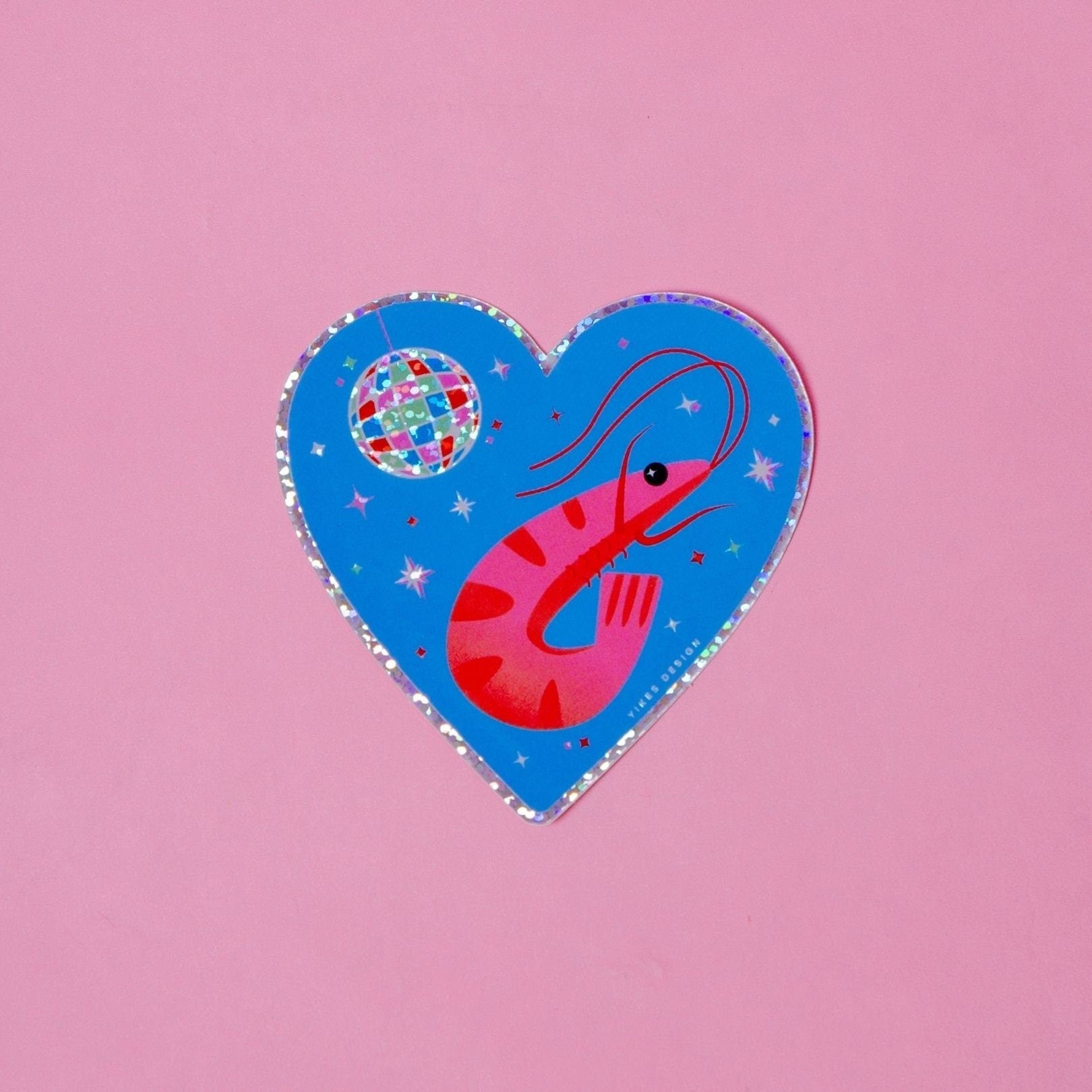 Shrimp Disco Heart-Shaped Glitter Vinyl Sticker