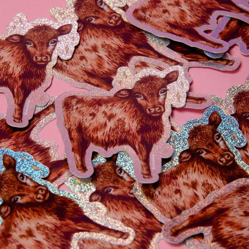 Cute Cow Glitter Sticker (Waterproof & UV Safe)
