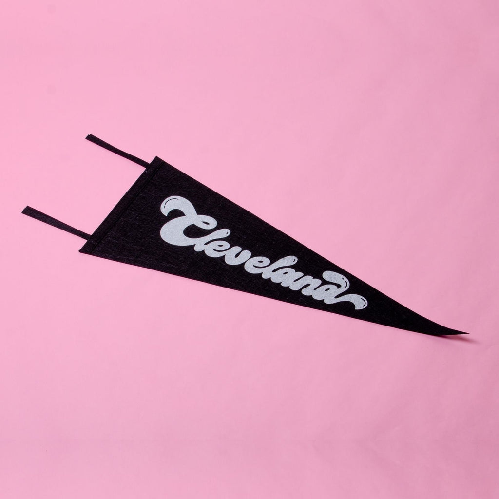 Cleveland Script Screenprinted Pennant — Retro Felt Pennant Pink, Black, or Orange