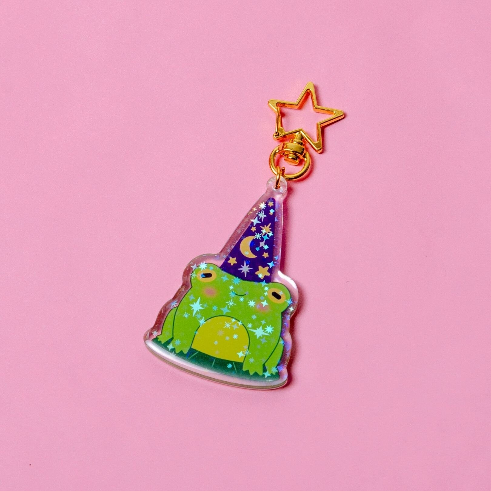 Frog Wizard Holographic Stars Double-Sided Acrylic/Epoxy Keychain