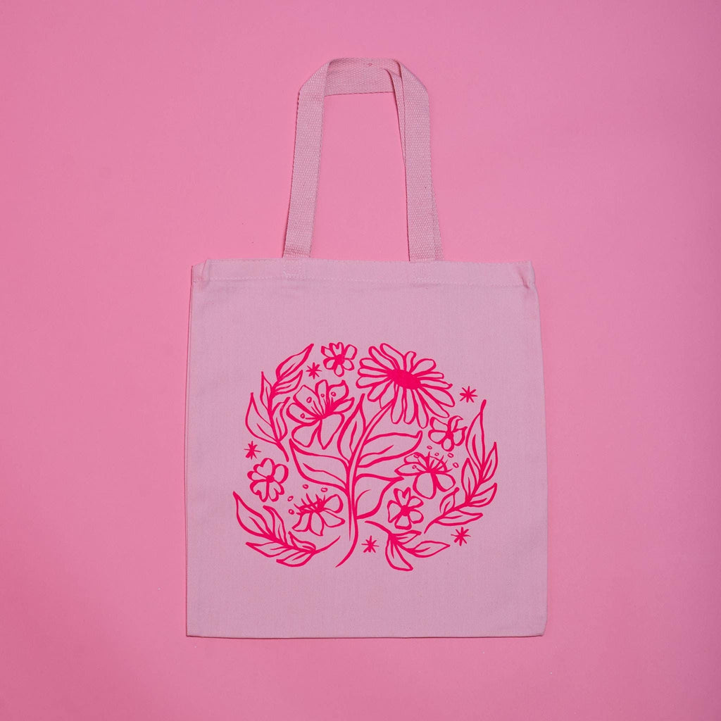 Screenprinted Floral Design Tote Bag in Pink or Red