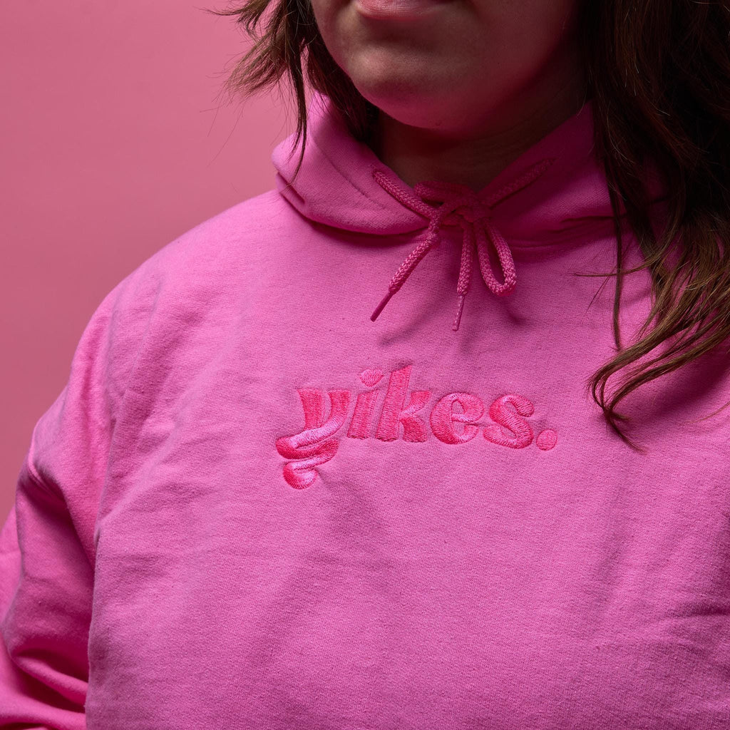 Yikes Logo Embroidered Hoodie – Pink on Pink