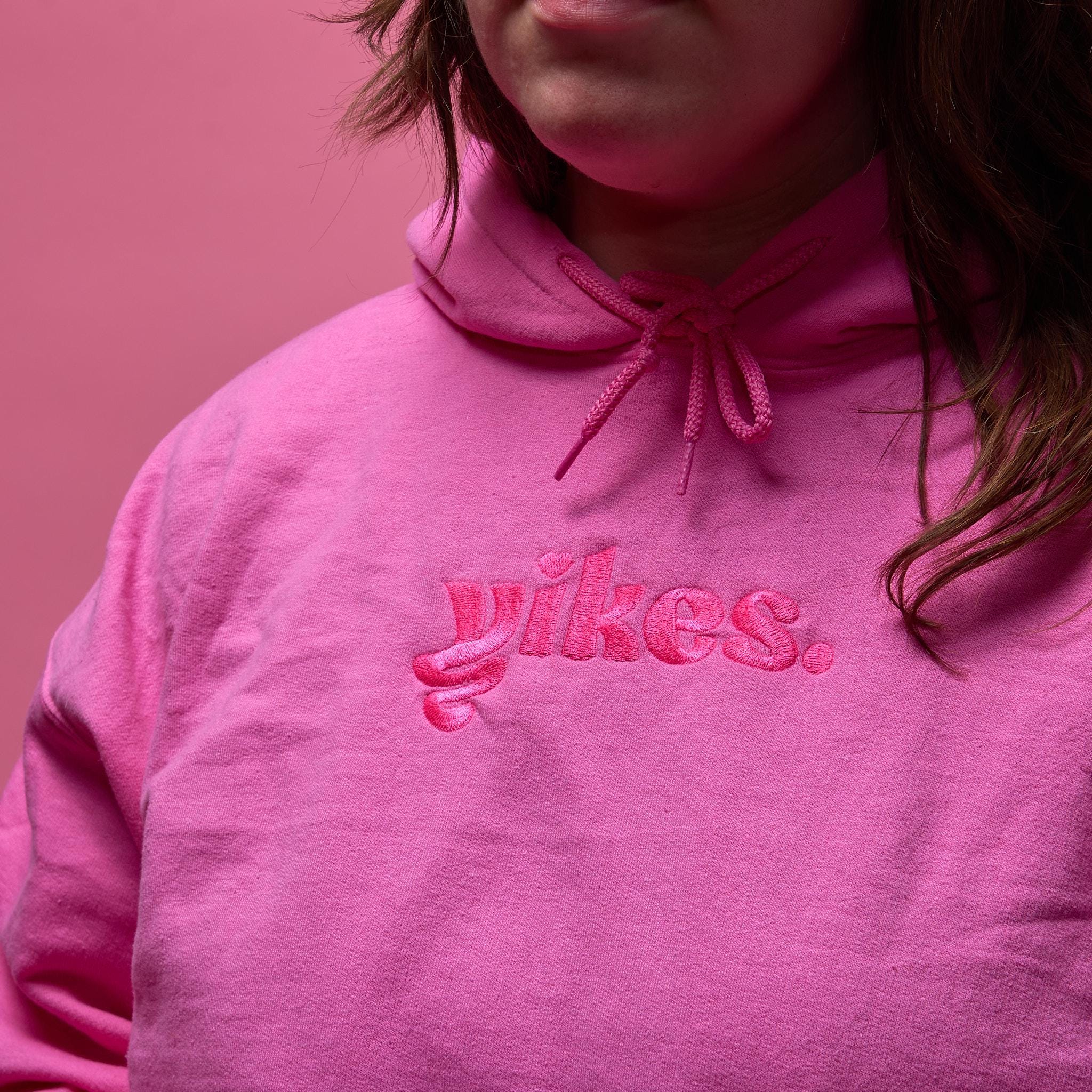 Yikes Logo Embroidered Hoodie – Pink on Pink