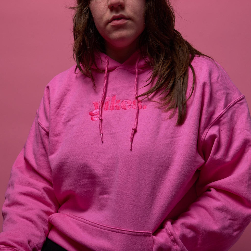 Yikes Logo Embroidered Hoodie – Pink on Pink