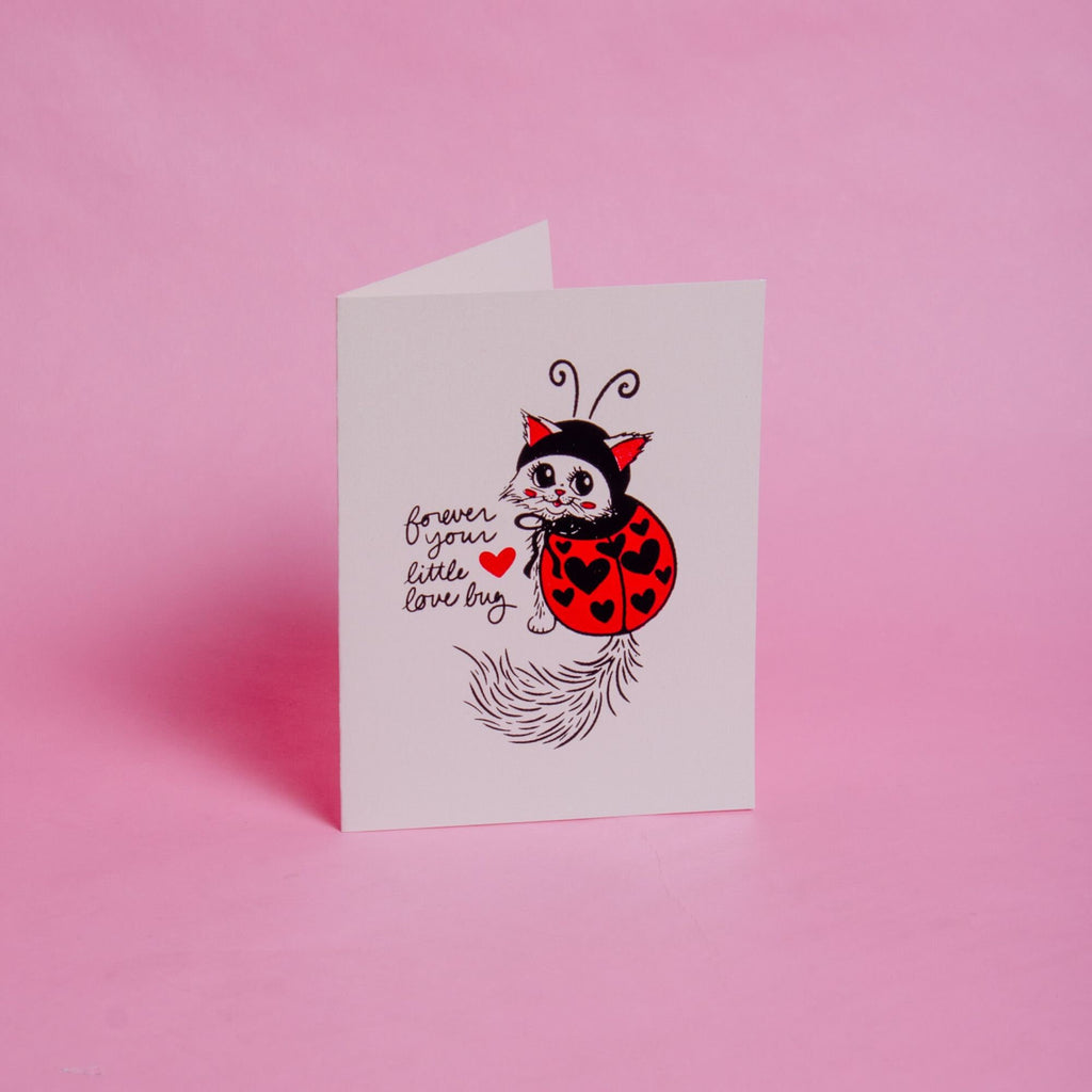 Forever Your Little Love Bug Valentine Cute Ladybug Cat Blank Handmade Greeting Card A2