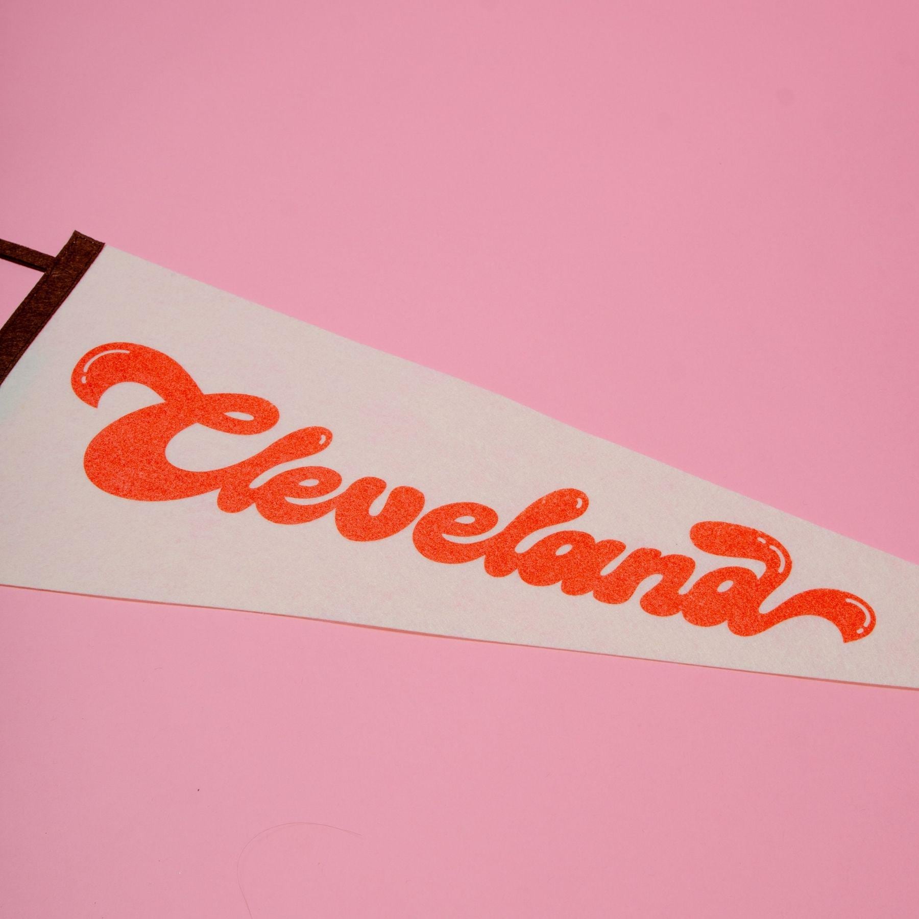 Cleveland Script Screenprinted Pennant — Retro Felt Pennant Pink, Black, or Orange