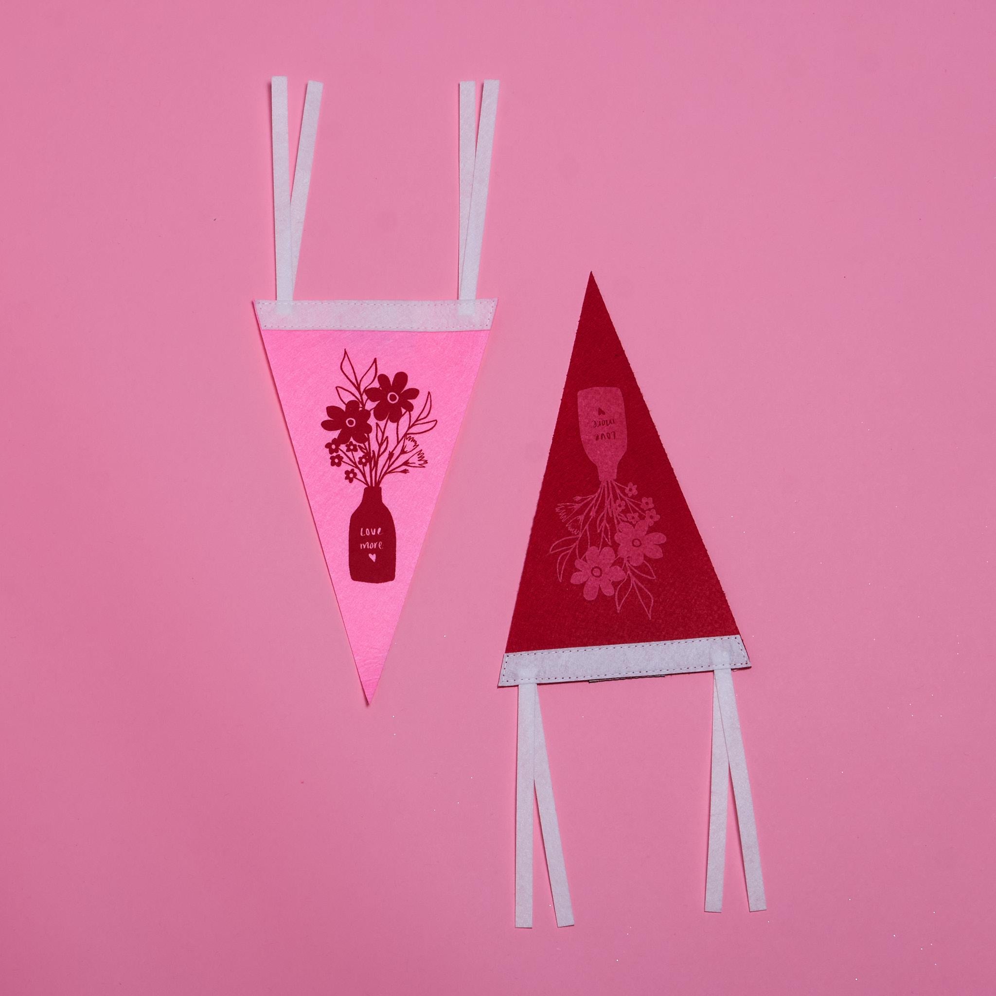 Screenprinted "Love More" Floral Vase Pennant 6x10