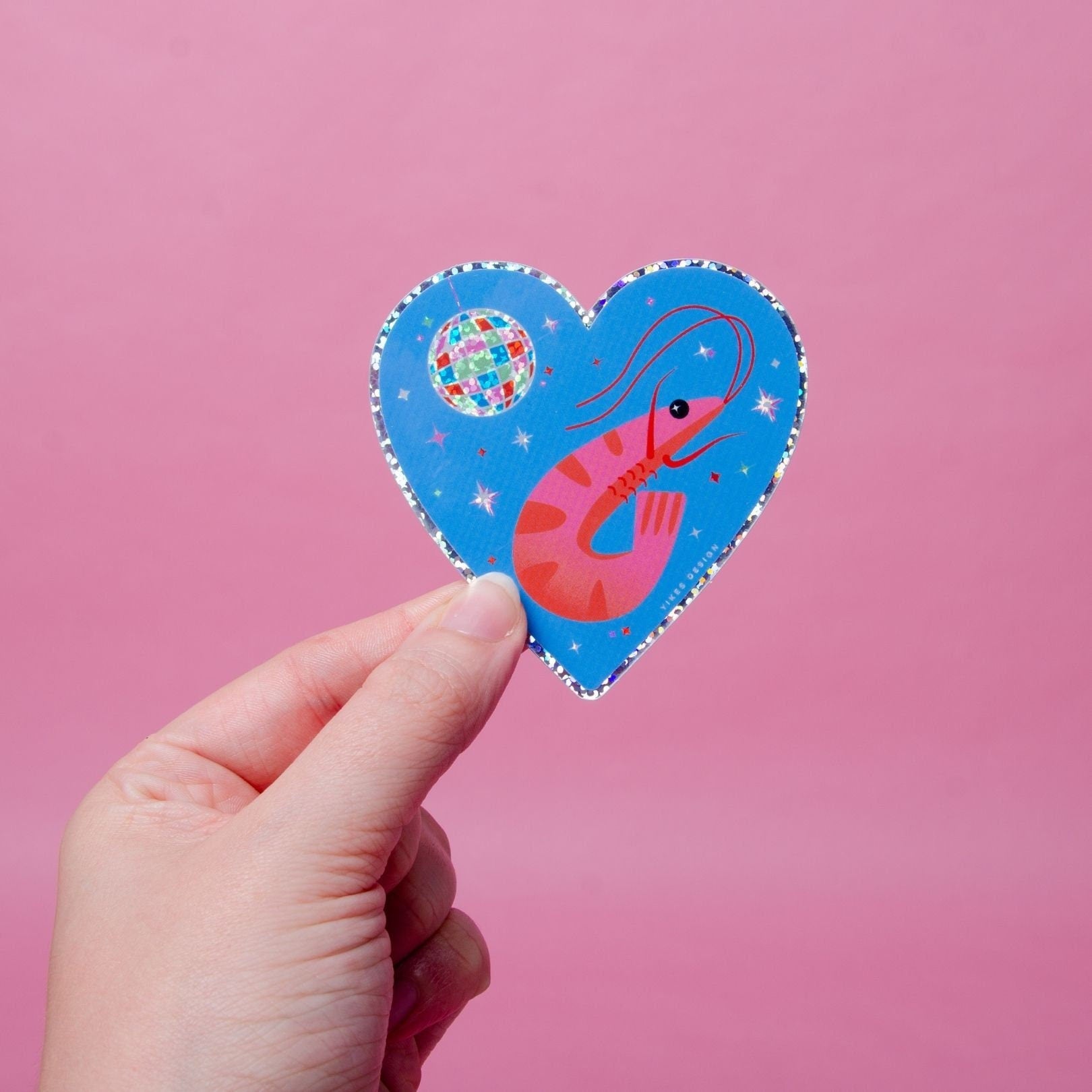 Shrimp Disco Heart-Shaped Glitter Vinyl Sticker