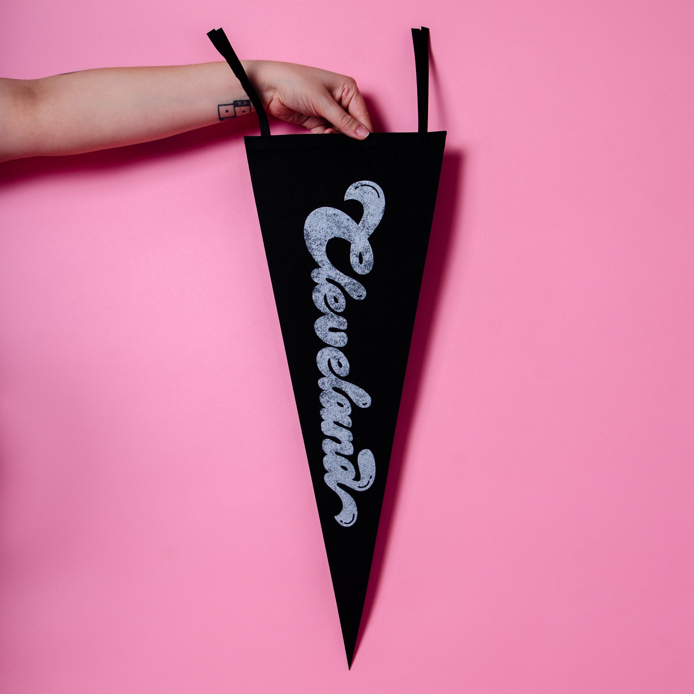 Cleveland Script Screenprinted Pennant — Retro Felt Pennant Pink, Black, or Orange
