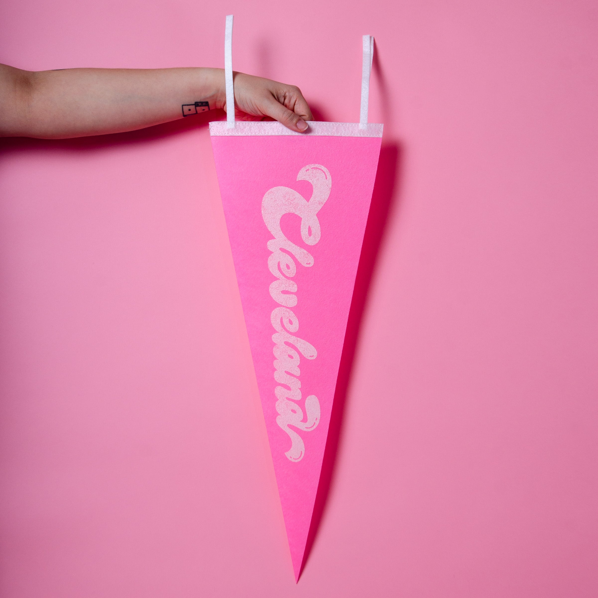 Cleveland Script Screenprinted Pennant — Retro Felt Pennant Pink, Black, or Orange