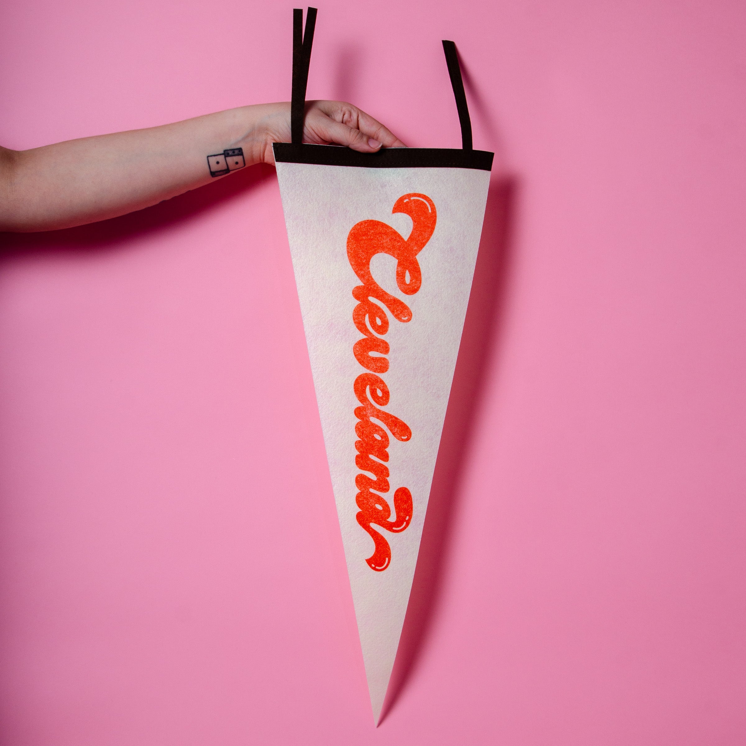 Cleveland Script Screenprinted Pennant — Retro Felt Pennant Pink, Black, or Orange