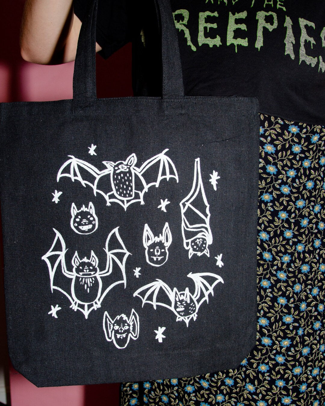 It’s Frickin Bats! Illustrated Tote Bag — Screenprinted on Black Recycled Cotton Canvas