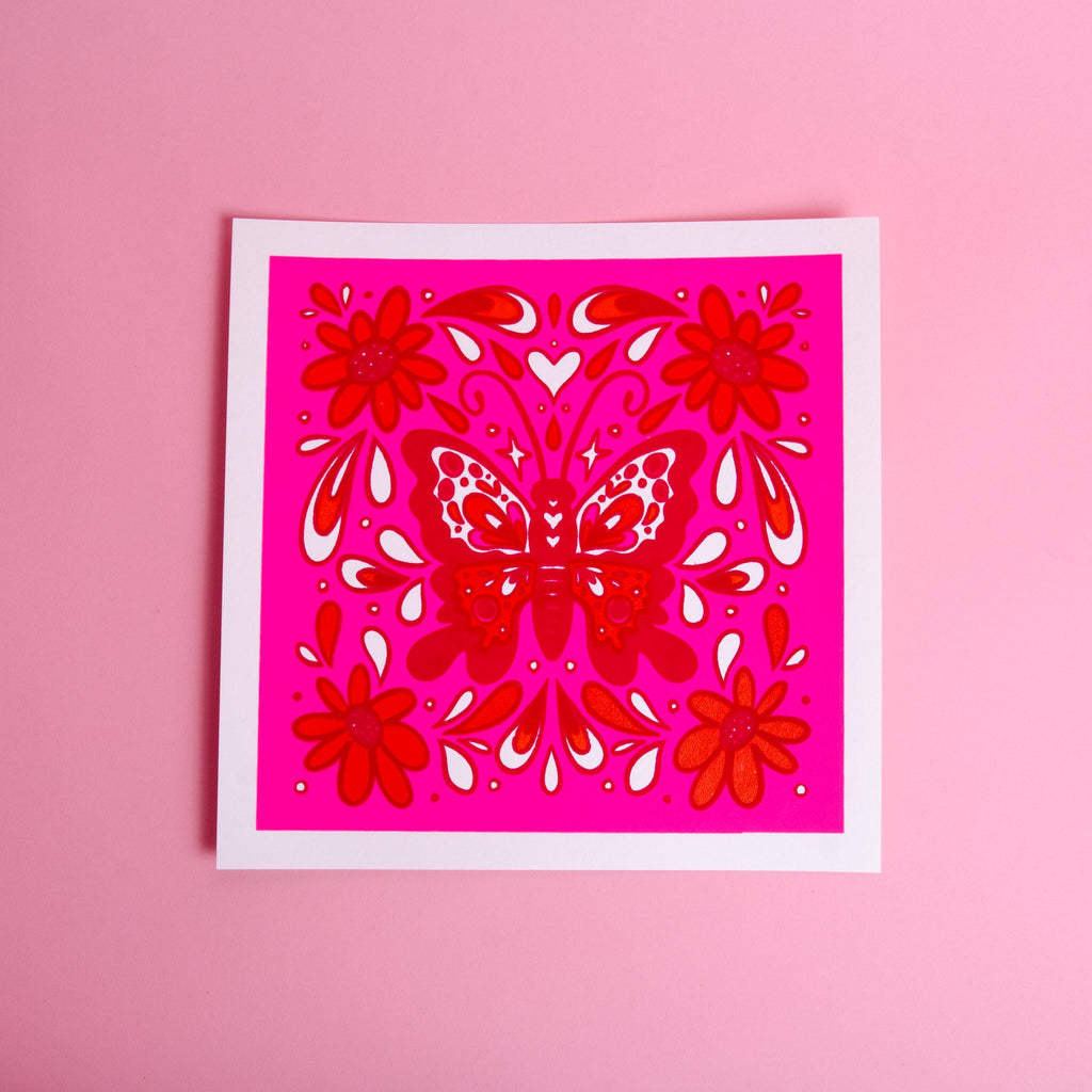 Fluorescent Pink Screen-Printed Butterfly Art Print — 10" x 10"