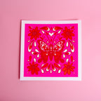 Fluorescent Pink Screen-Printed Butterfly Art Print — 10" x 10"