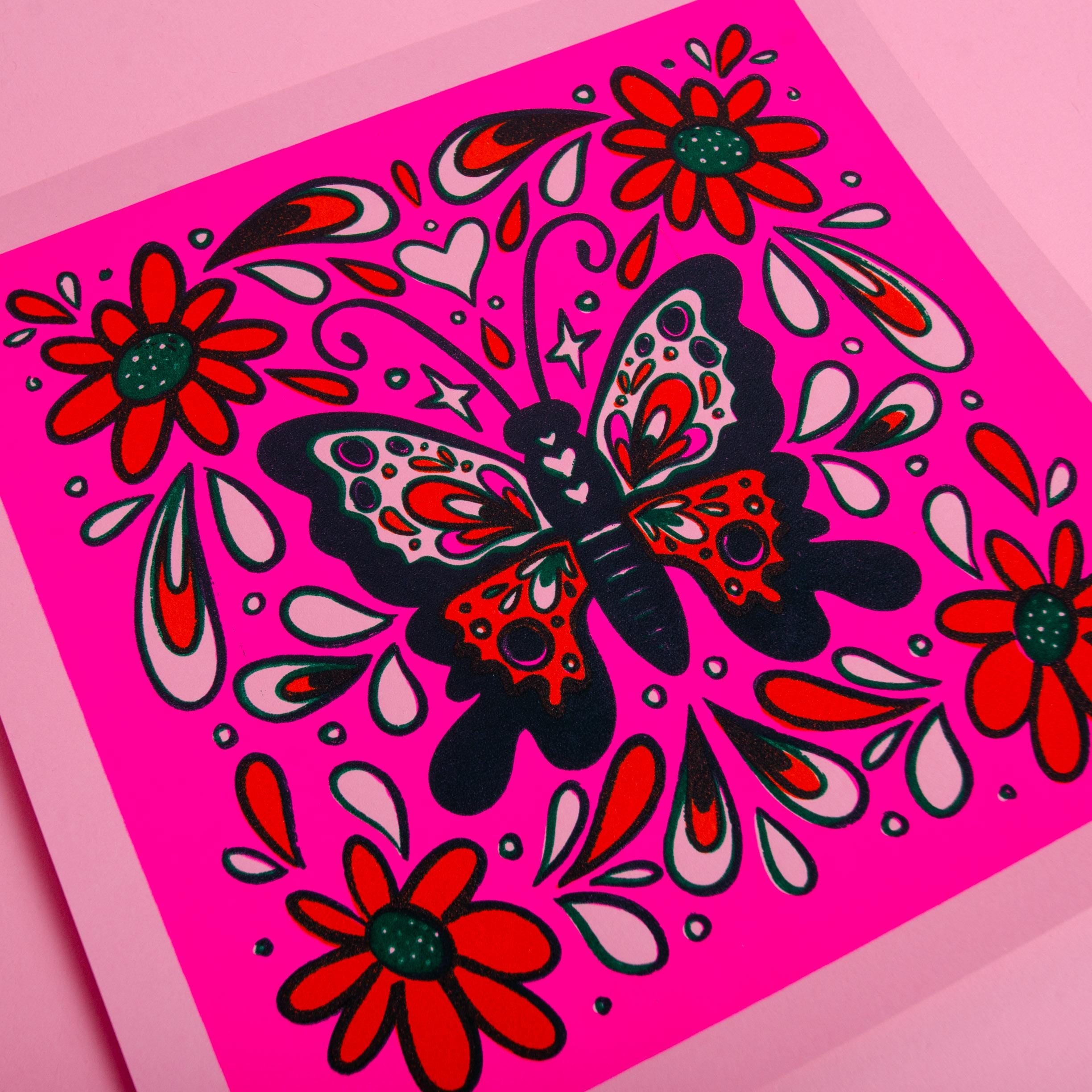 Fluorescent Pink Screen-Printed Butterfly Art Print — 10" x 10"