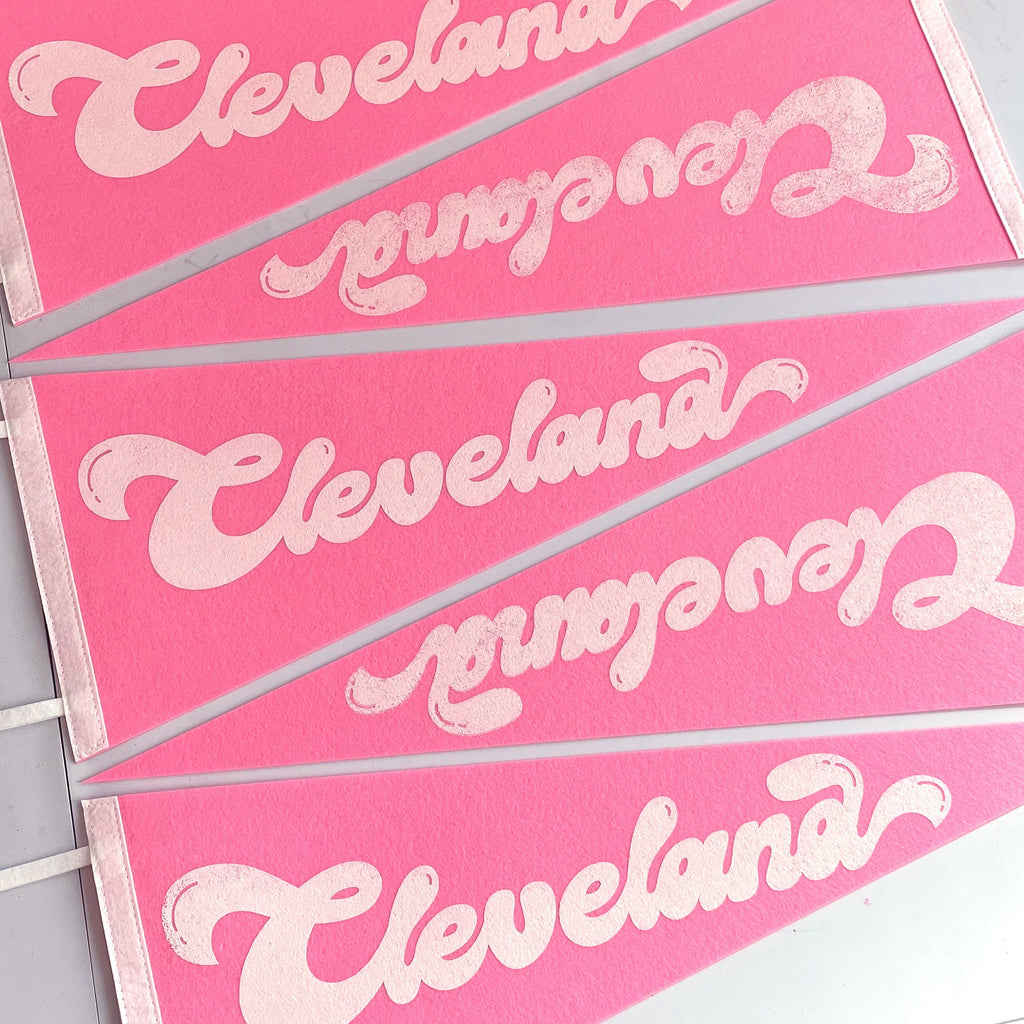 Cleveland Script Screenprinted Pennant — Retro Felt Pennant Pink, Black, or Orange