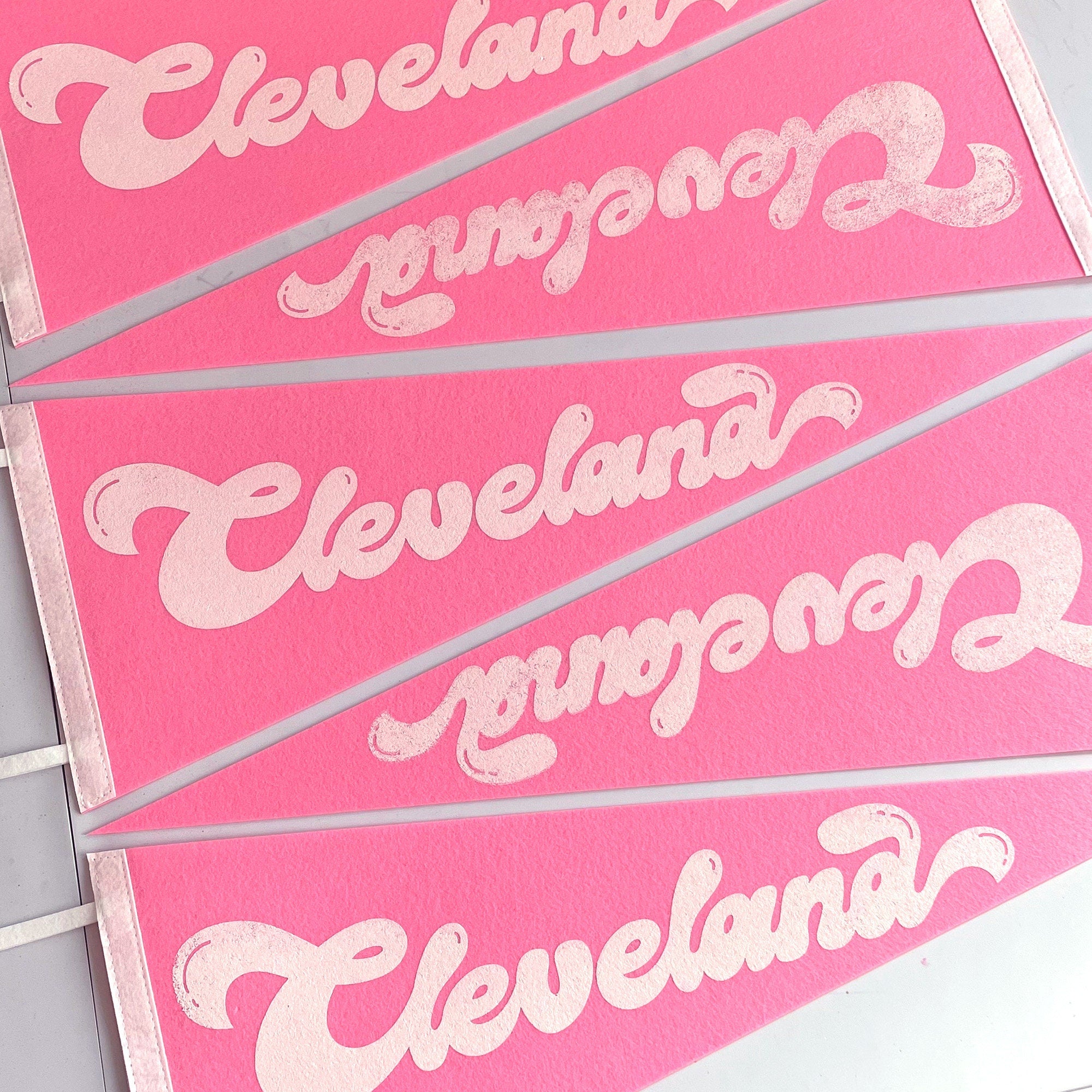 Cleveland Script Screenprinted Pennant — Retro Felt Pennant Pink, Black, or Orange