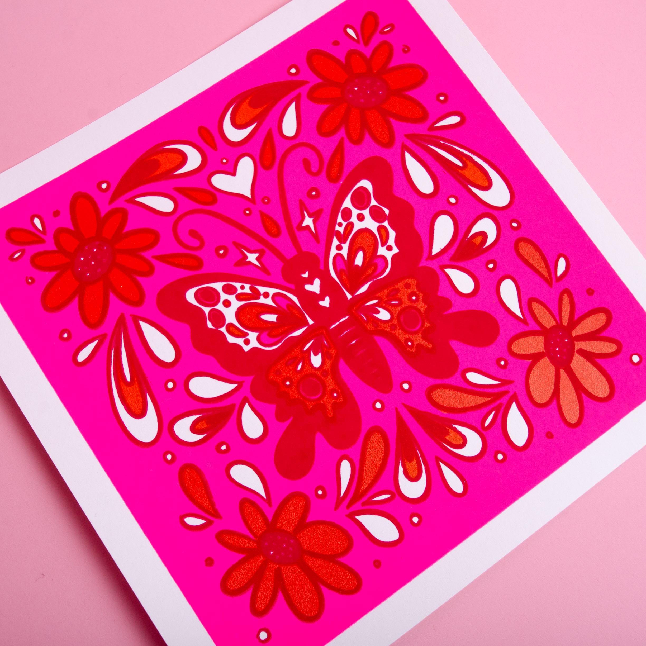 Fluorescent Pink Screen-Printed Butterfly Art Print — 10" x 10"