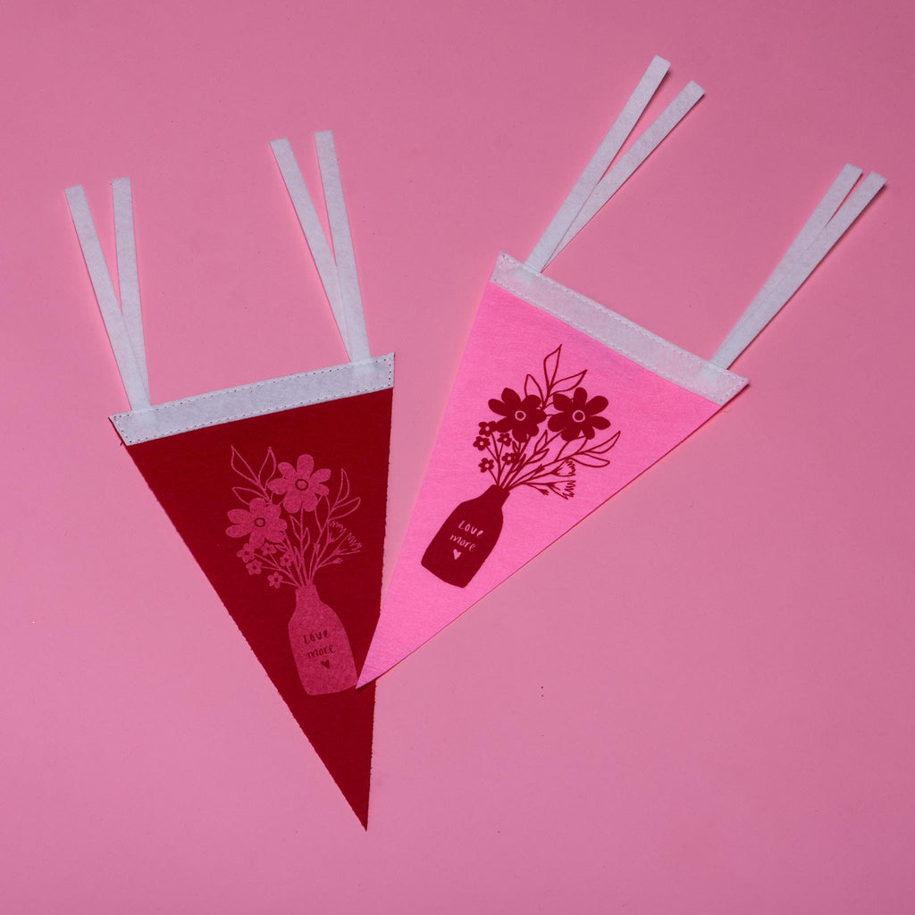 Screenprinted "Love More" Floral Vase Pennant 6x10