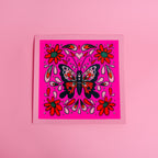 Fluorescent Pink Screen-Printed Butterfly Art Print — 10" x 10"