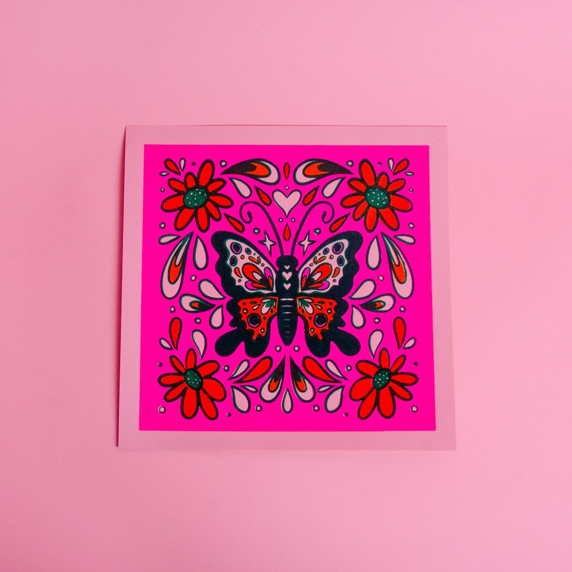 Fluorescent Pink Screen-Printed Butterfly Art Print — 10" x 10"