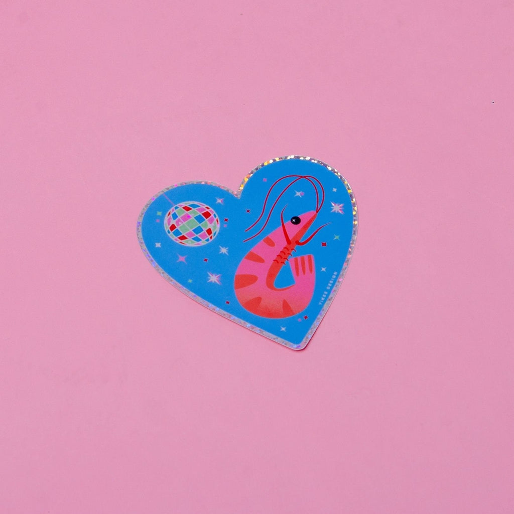 Shrimp Disco Heart-Shaped Glitter Vinyl Sticker