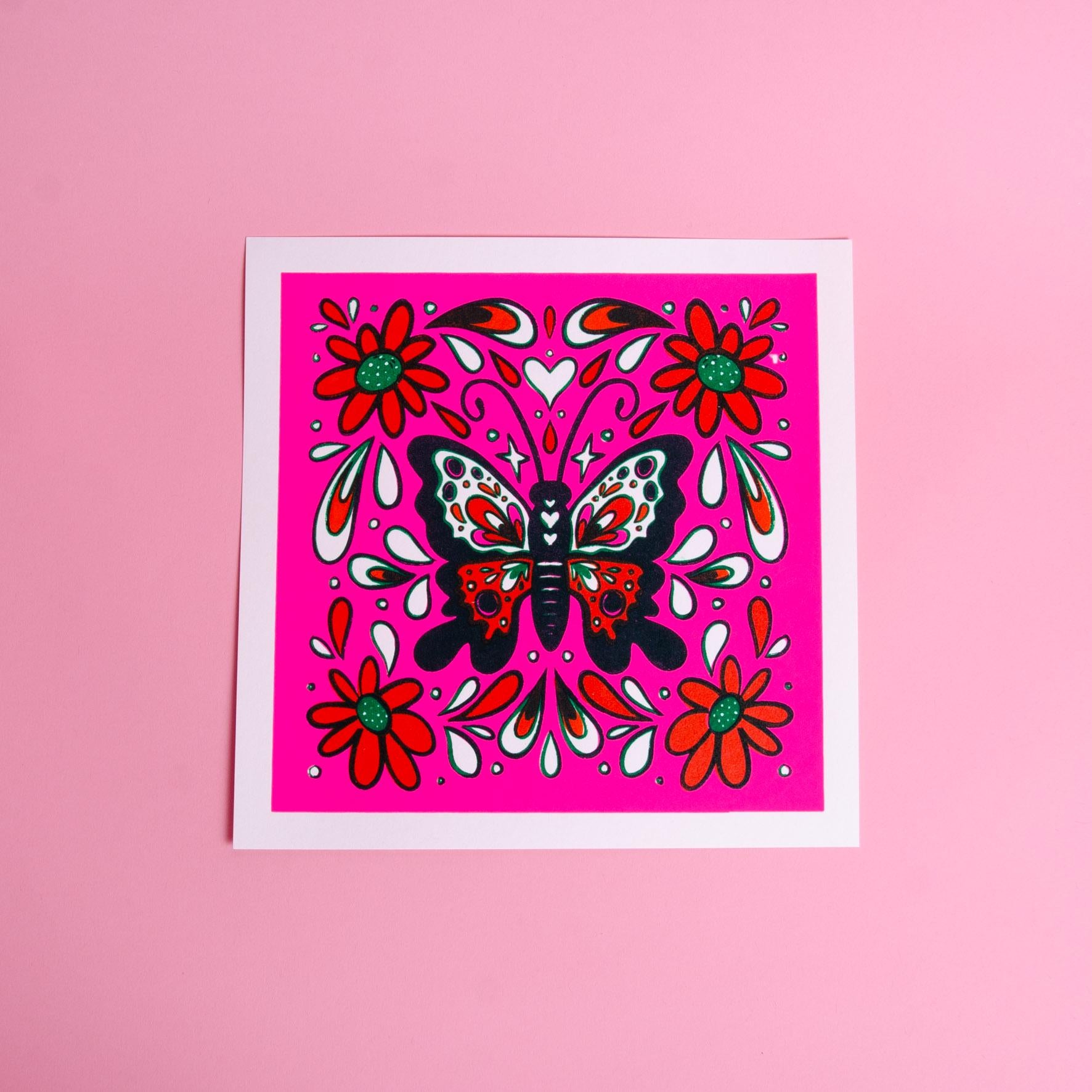 Fluorescent Pink Screen-Printed Butterfly Art Print — 10" x 10"