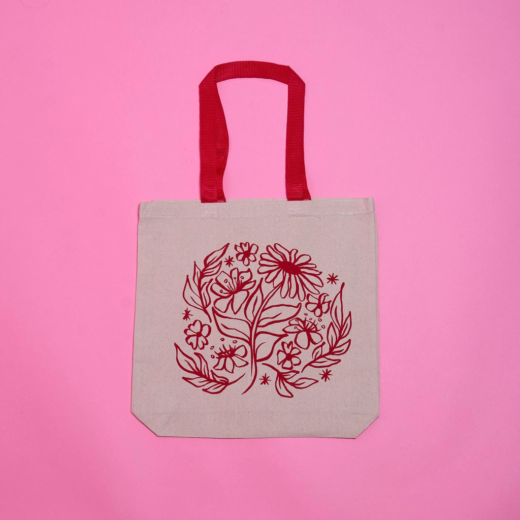 Screenprinted Floral Design Tote Bag in Pink or Red