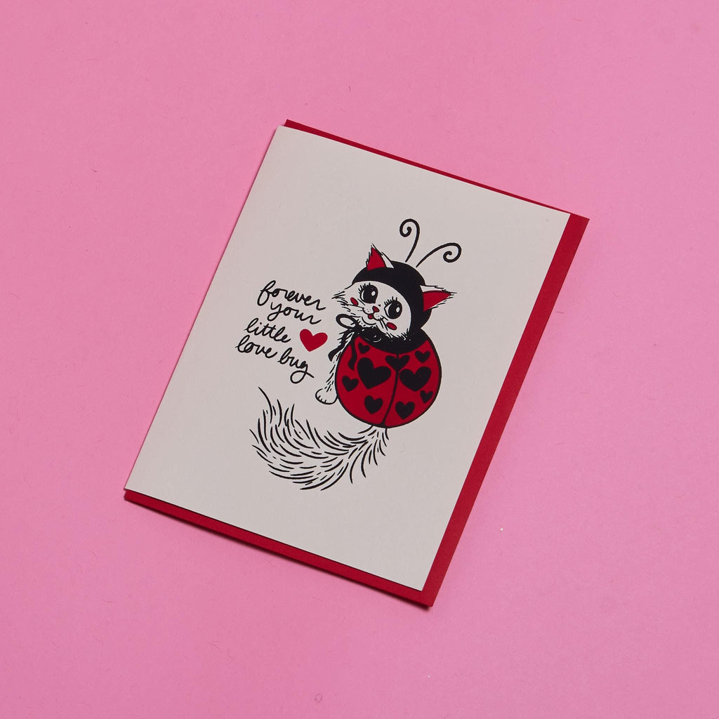 Forever Your Little Love Bug Valentine Cute Ladybug Cat Blank Handmade Greeting Card A2