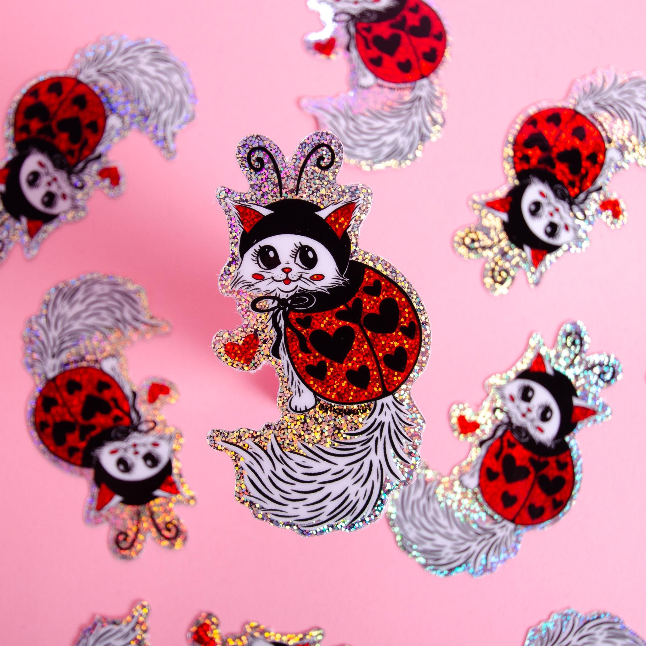 Love Bug Cute Cat Glitter Vinyl Sticker