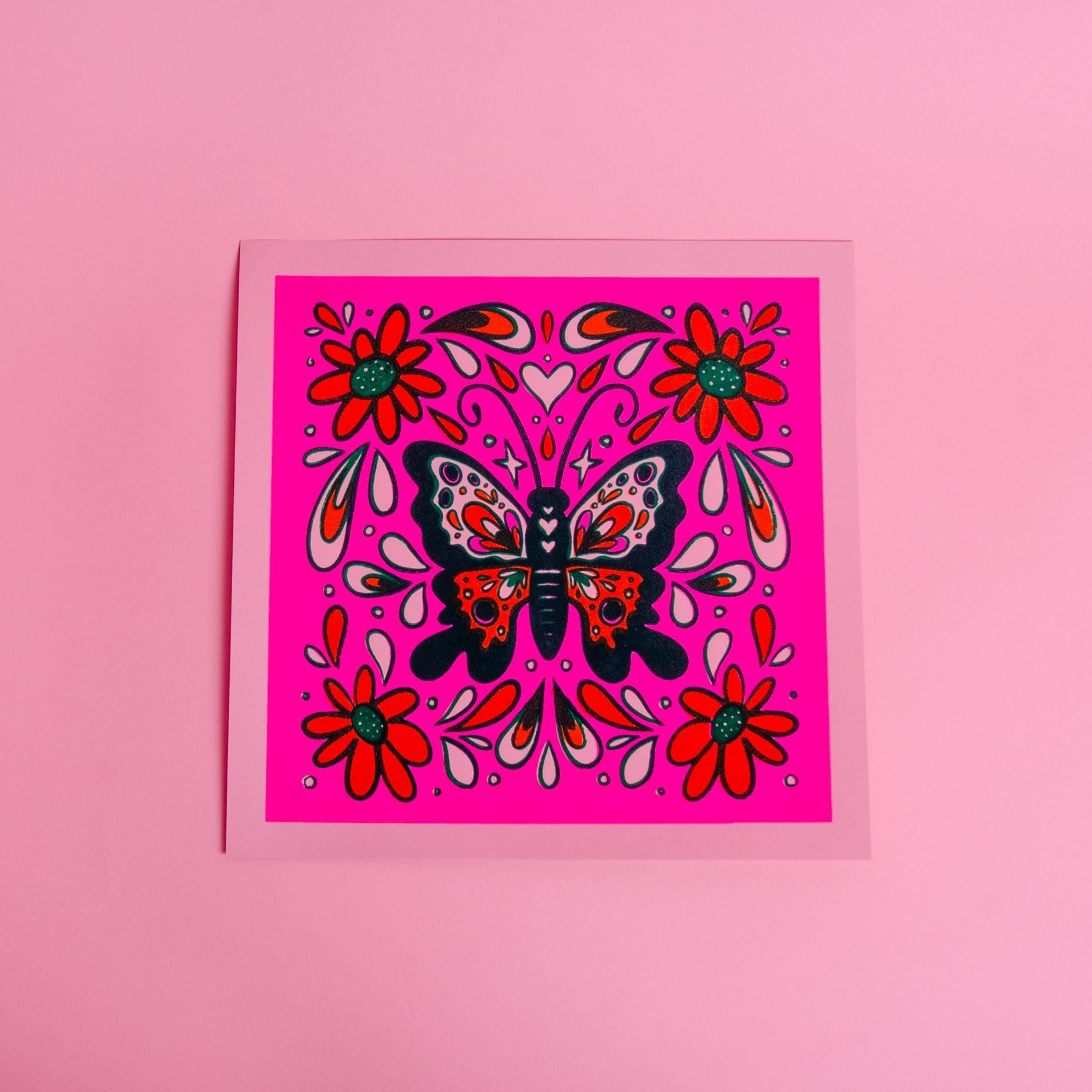 Screenprinted Butterfly Art Print Pink Fluorescent 10x10"