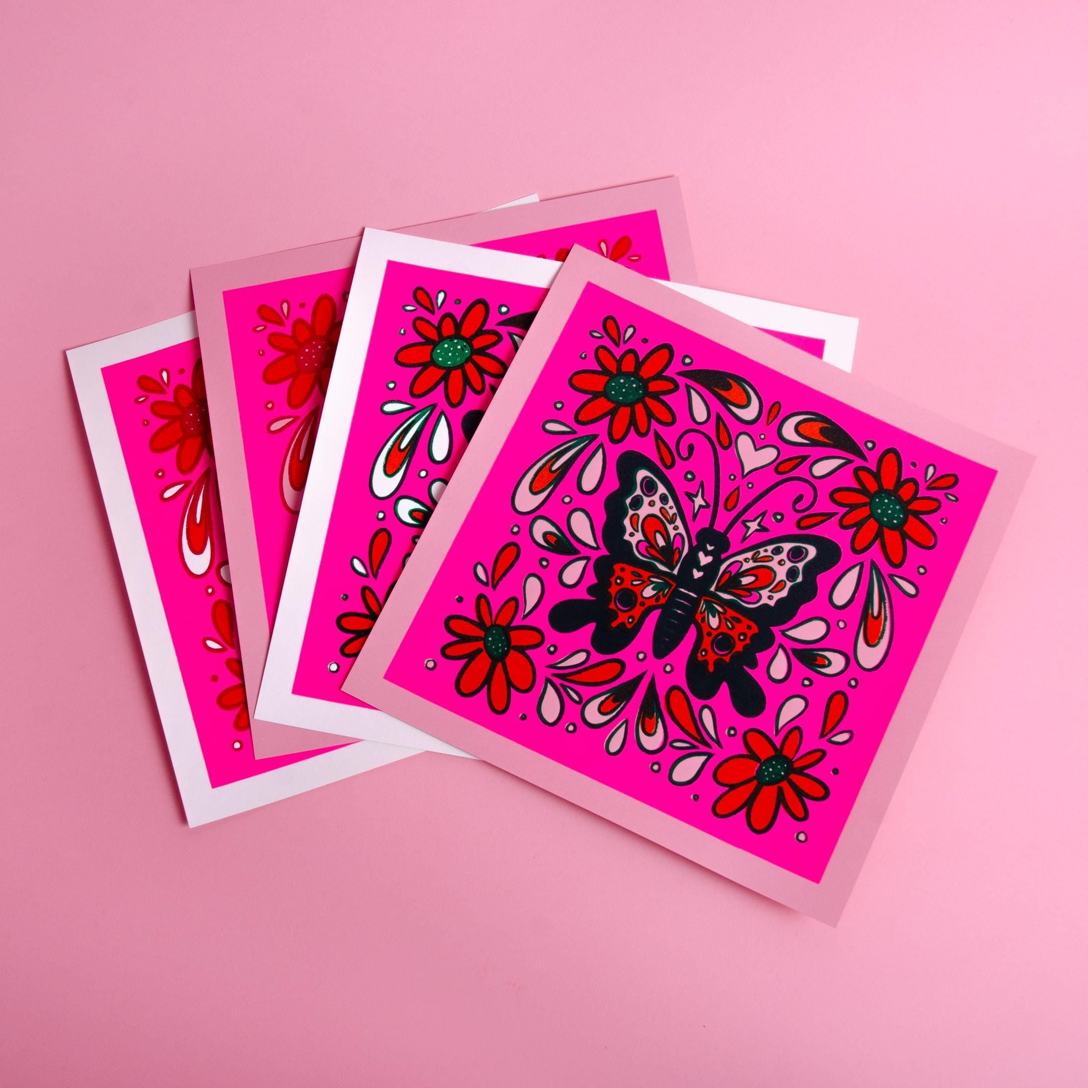 Screenprinted Butterfly Art Print Pink Fluorescent 10x10"