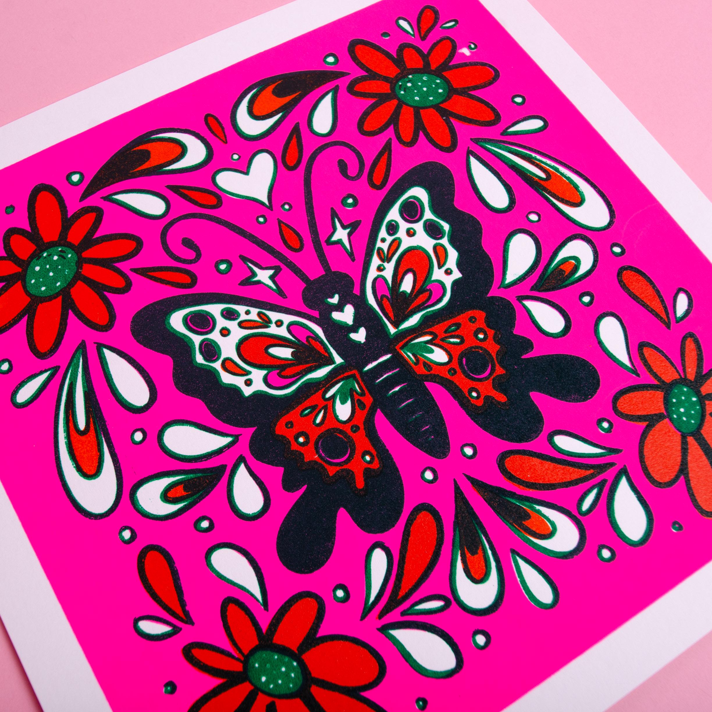 Screenprinted Butterfly Art Print Pink Fluorescent 10x10"