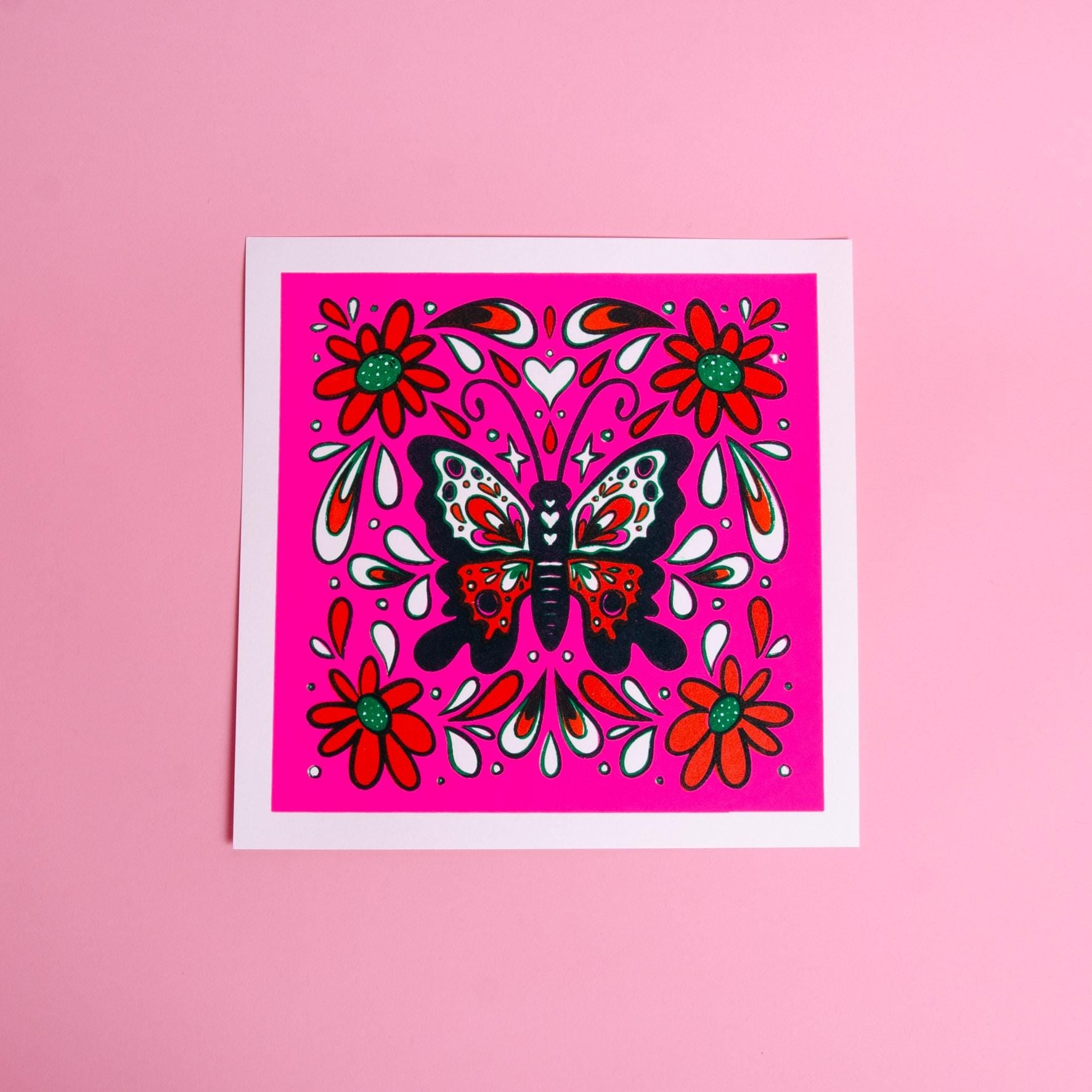 Screenprinted Butterfly Art Print Pink Fluorescent 10x10"